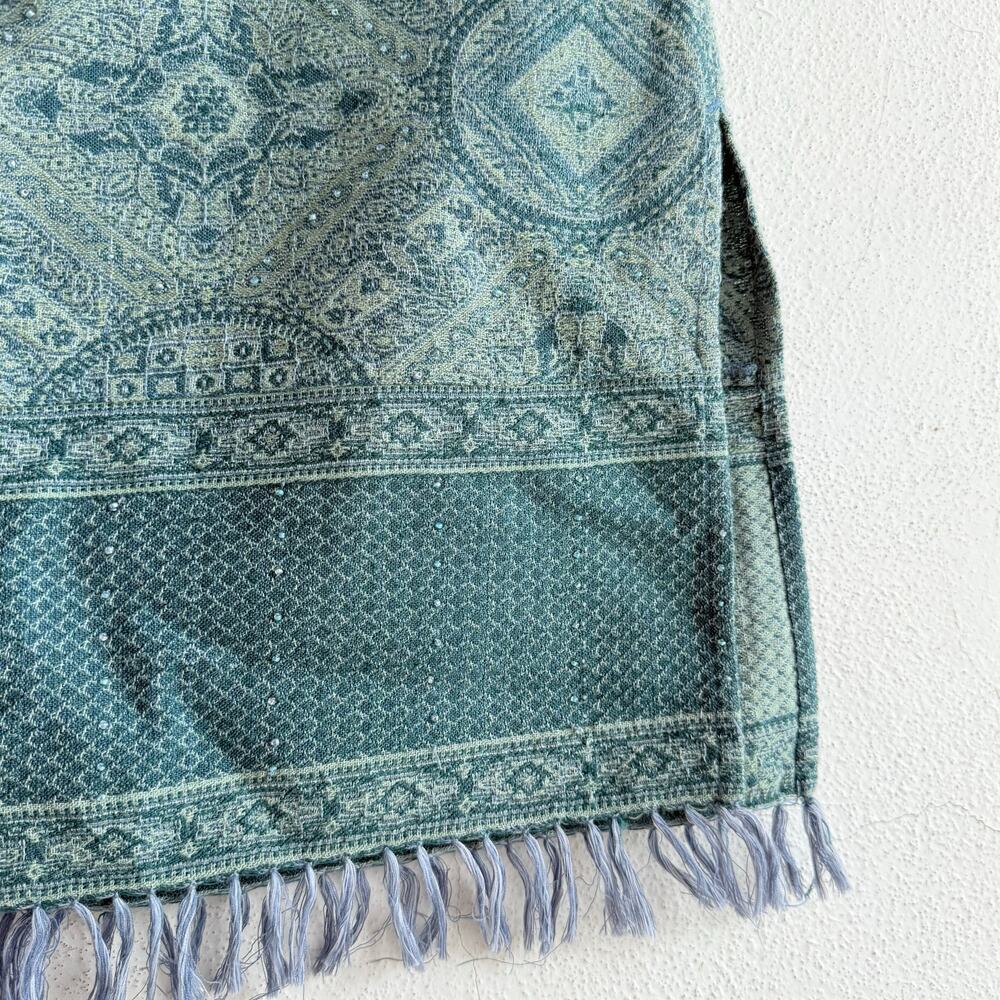 Vintage Tapestry Skirt Aqua Teal Midi Woven‎ Fringe Hem 90s Cottagecore Size 6 - Picture 3 of 7